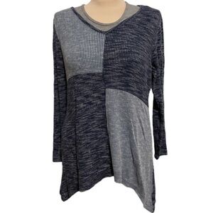 Style & Co Blue Geometric V Neck Sweater Asymmetrical Hem Size Small